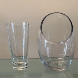 2 Thick Crystal Glass Asymmetrical Flower Vases Mikasa Vase