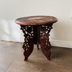 Vintage Indian Hand Carved Wooden Folding Side Table 13 Inch Tall 