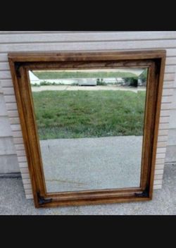 VINTAGE SOLID WOOD FRAME - IRON ACCENTS - BEVELED GLASS WALL MIRROR 24"×20"