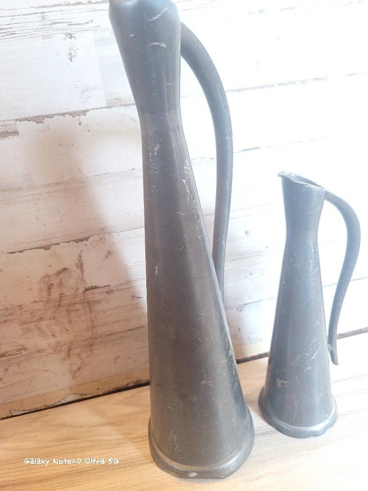 Vintage Pewter 12.5" & 9.5" Pitcher CRDO Hong Kong Decor Vase Early 1900's