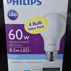 Philips 60W,  A19 LED 8W Daylight Bulbs, 4 Bulb Pack Non Dimmable. New