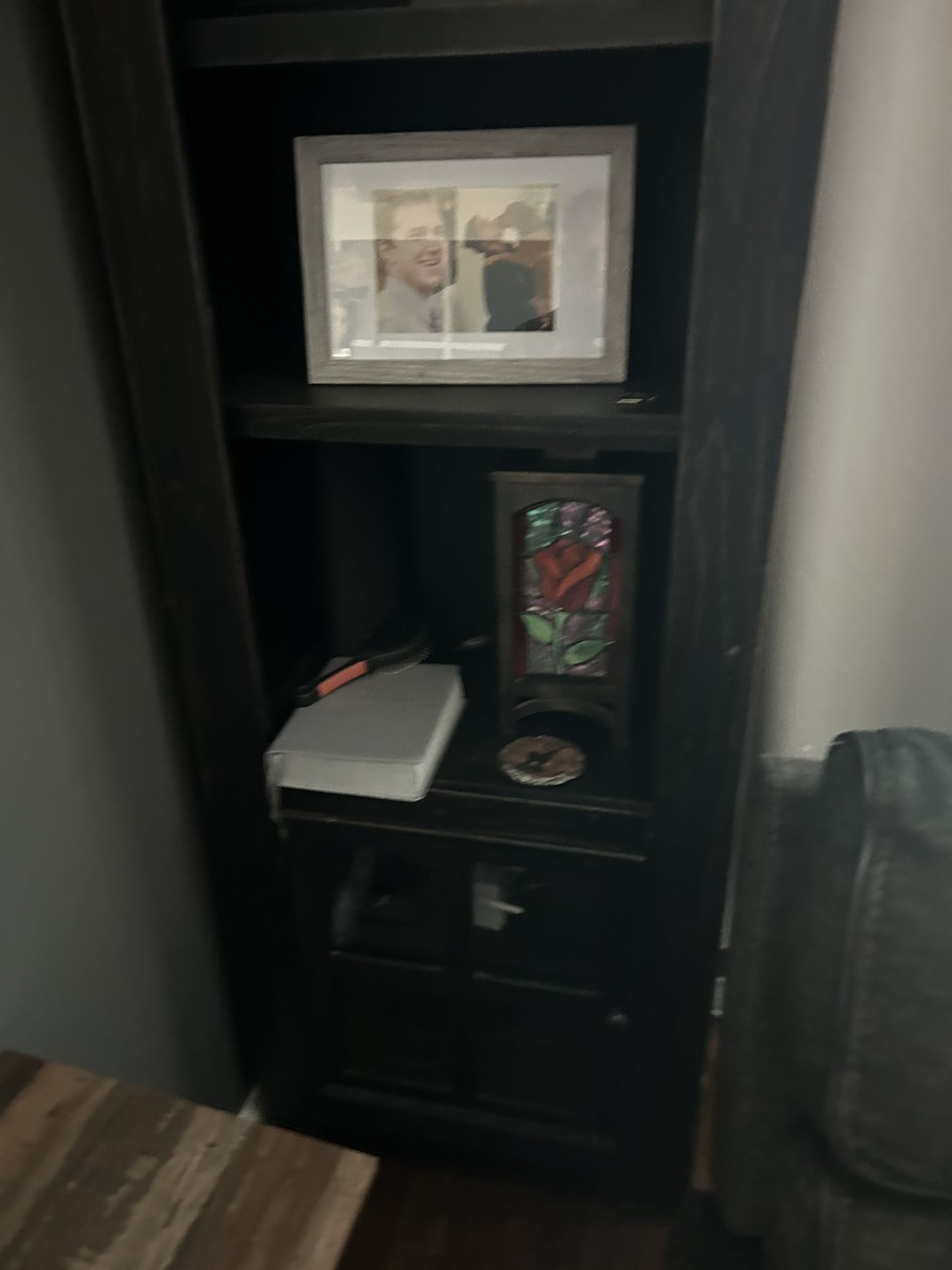 Living Room Entertainment Center With Two Matching Shelves Within Enclosed Storage
