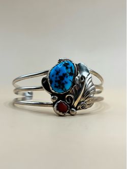 Vintage Southwestern Sterling Silver Turquoise & Coral Leaf Cuff Bracelet