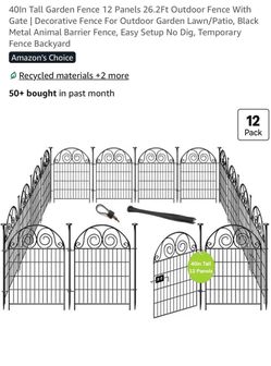 40In Tall Garden Fence 12 Panels 26.2Ft Outdoor Fence With Gate | Decorative Fence For Outdoor Garden Lawn/Patio, Black Metal Animal Barrier Fence, Ea