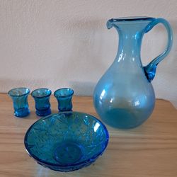 Turquoise Pitcher, Glasses and Bowl 