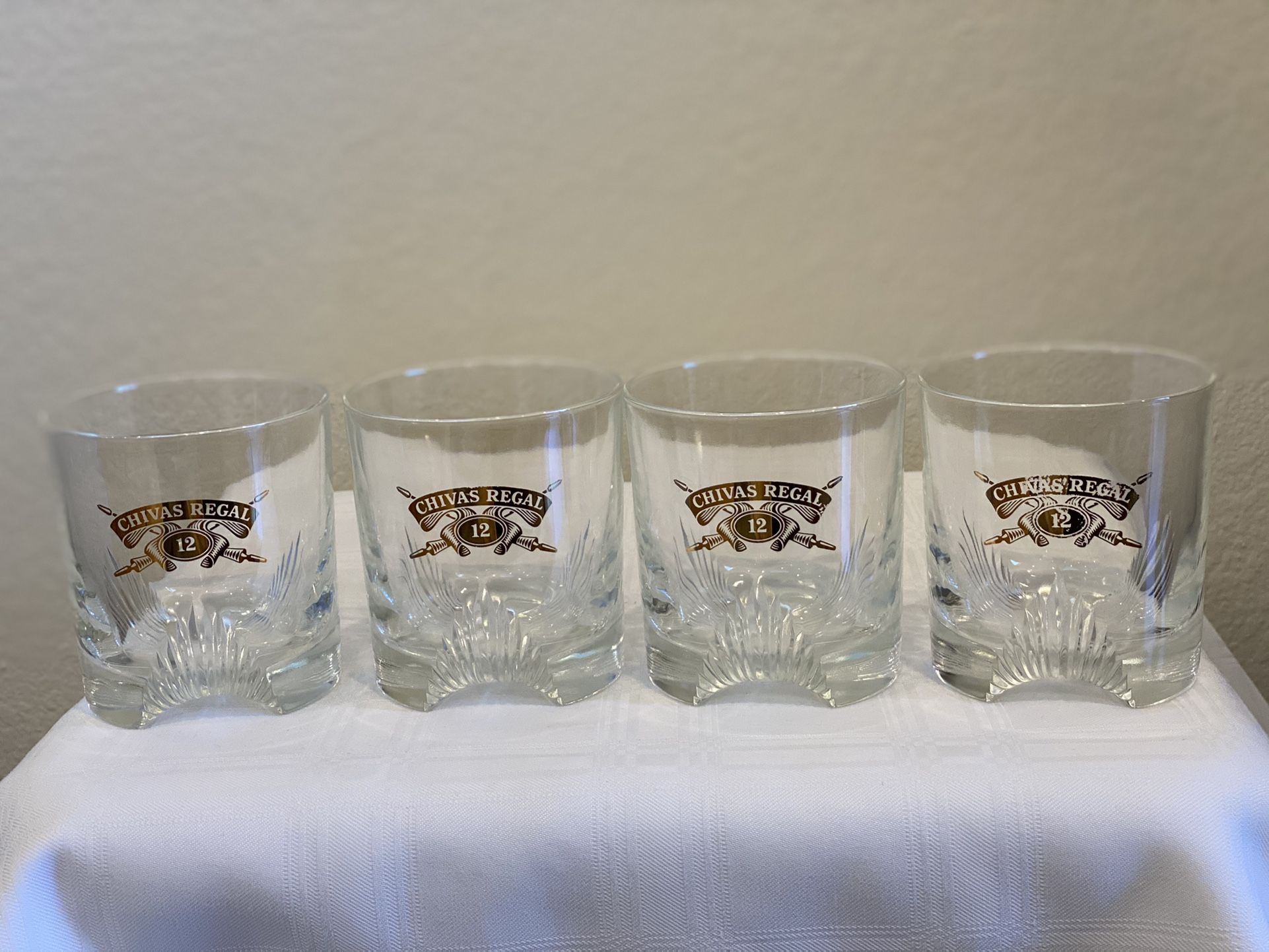 Set of 4 ~ Vintage Chivas Regal 12 Whiskey Glasses Tumblers Gold Graphics ~ Rocks Glasses Barware