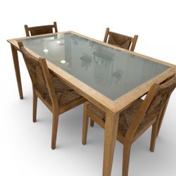 Wooden Dining Table w/ Glass Top + 4 Chairs