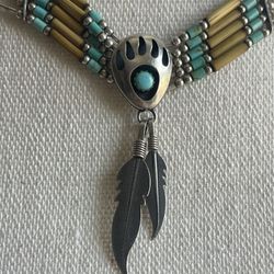   Necklace Claw / Feather and  Turquoise . Sterling silver Plata  925 Signed O