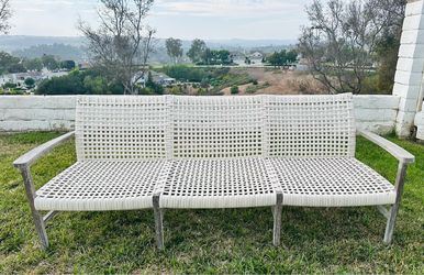 Isola Sofa & Two Isola Lounge Chairs In Weathered Teak & Washed White Wicker