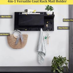 Wall Mount Key Holder, Solid Wood Mail Organizer with Hooks and Storage Shelf, Entryway Storage Decor for Home, Black