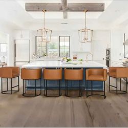 Set of 6Brown Modern Counter Bar Stool Faux Leather Upholstered Barrel Counter Stool with Metal Fram