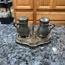 Vintage Pewter With Tray Pair Of salt And Pepper Shakers.  Preowned 
