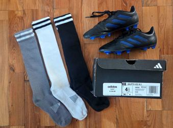 Adidas Soccer Cleats Goletto - kids size 4.5 (or 4) - black & blue - 3 socks