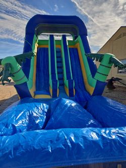 ​Dual Lane Tropical Water Slide with Splash Pool & Blower as is