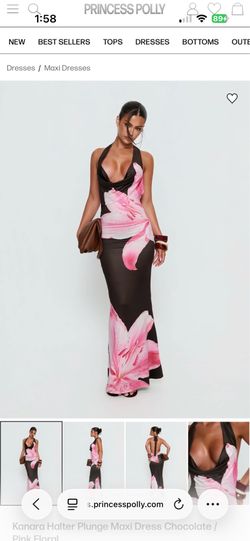 Princess Polly Halter Plunge Maxi Dress Chocolate / Pink Floral size 6
