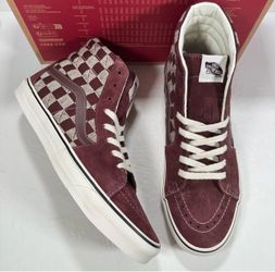 Vans Sk8-Hi Stitch Checkerboard Bitte Burgundy Cream Sneakers Men Size 11.5