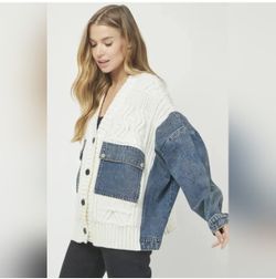 Cable Knit Denim Patch Cardigan