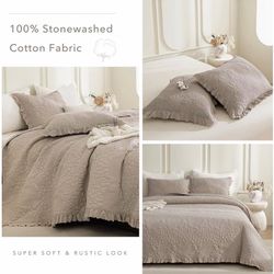 100% cotton 3Pcs Stonewashed Cotton Oversized King Plus Quilt Bedspread Set
