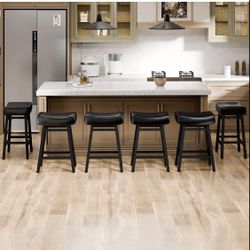 24'' Backless Faux Leather Upholstered Saddle Stool Chair Set of 6. Black