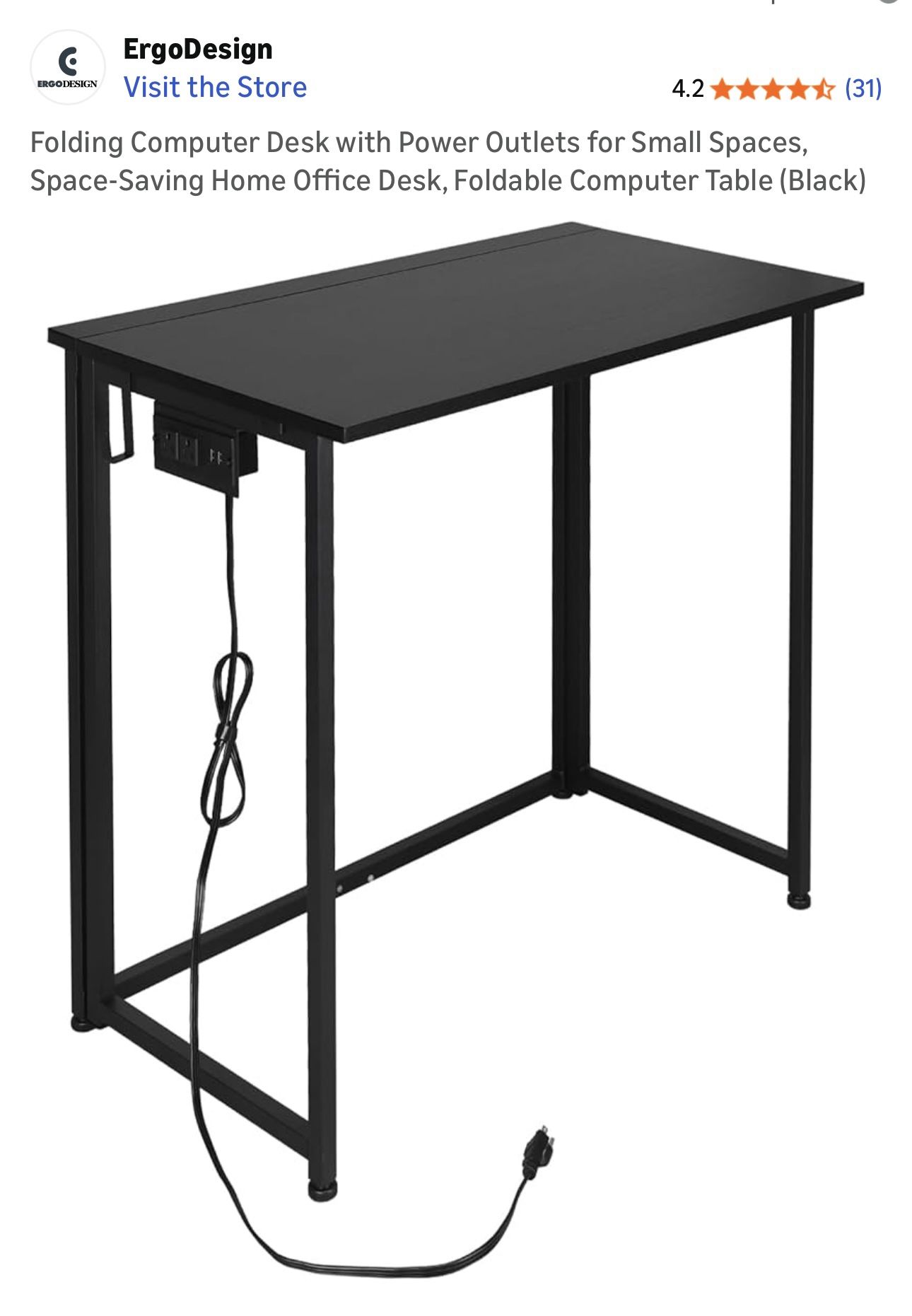 $60 Brand New Ergo Design Folding Computer Desk with Power Outlets for Small Spaces, Space-Saving Home Office Desk, Foldable Computer Table (Black)