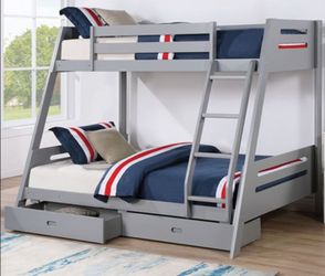 Brand New Grey Twin over Full Bunk Bed w Trundle Drawers