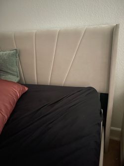 Perfect condition Queen size bed frame with suede upholstered headboard with channel tufting