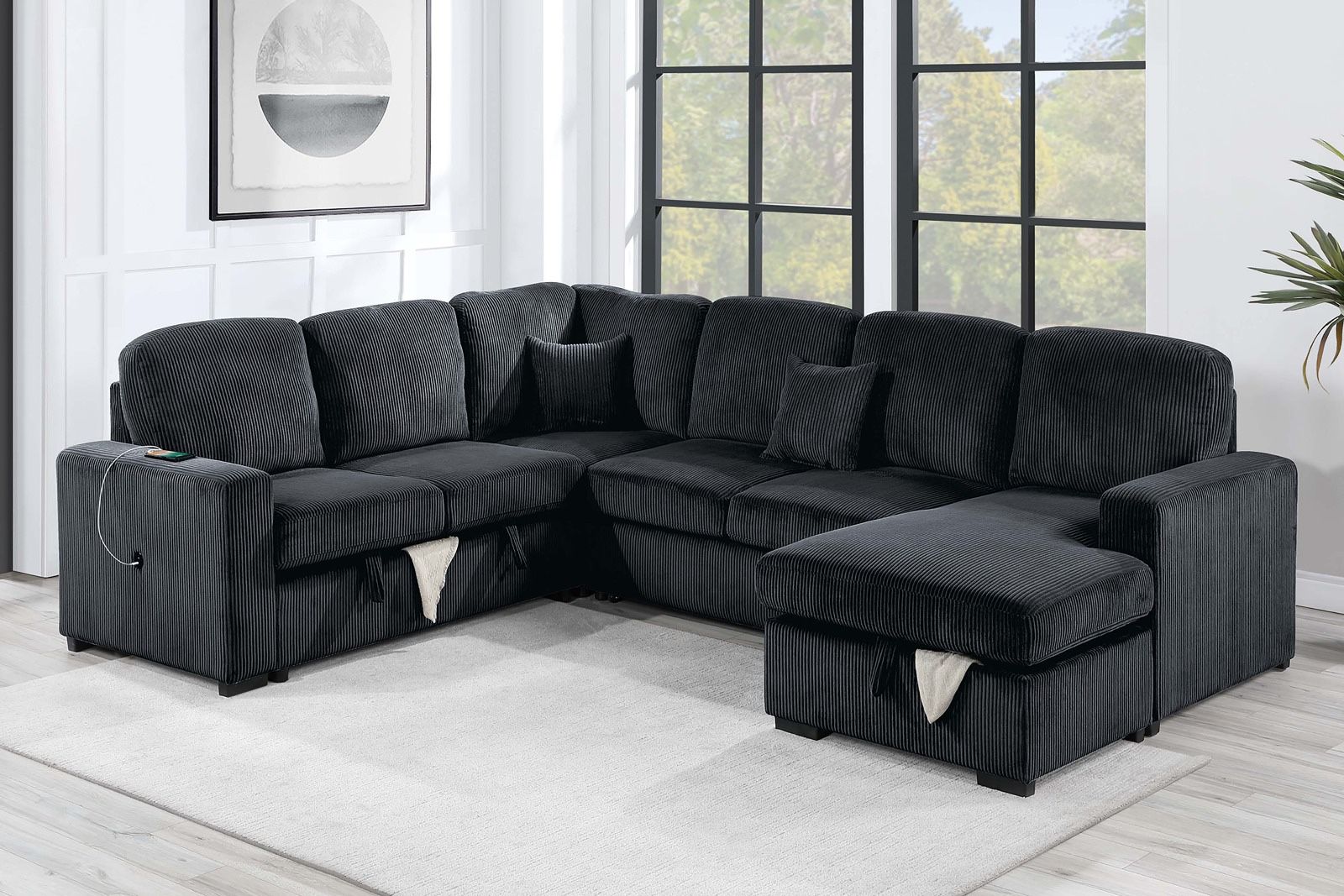 New! 120”L Black Sectional Sofa Bed,Sectionals, Sofa, Couch, Corduroy Sectional Sofa With Storage, Sleeper Sofa. Sofabed, Sofa Bed,U Shaped Sectionals