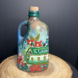 Vintage FolkArt Hand Painted Glass Bottle With Cork 