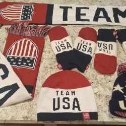 100% Authentic TEAM USA OLYMPIC Hats Mittens Scarves Official Set $75 BRAND NEW 