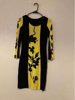 Colorblock Yellow & Black Floral Long Sleeve Bodycon Dress