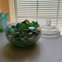 Crackled Glass Bowl Filled With Green White Blue Glass Pieces For Decor