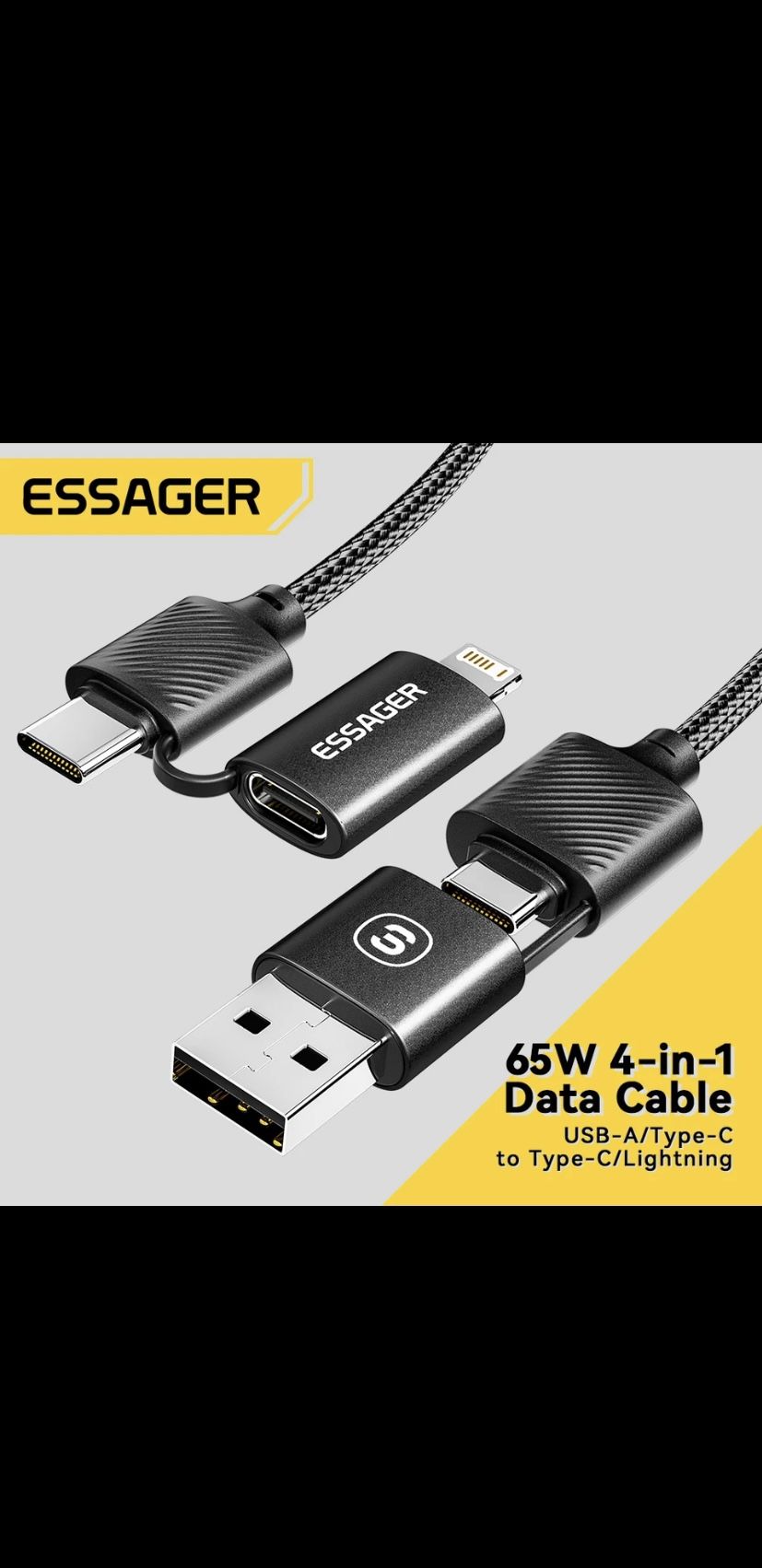 Essager  4 in 1 USB C Lightning Cable 65W PD Fast Charging Wire for iPhone 14 13 Pro Max iPad HUAWEI Xiaomi Tablets Type C Cable