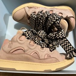 Lanvin Pink Designer Leather Suede Curb Sneakers Size 42 