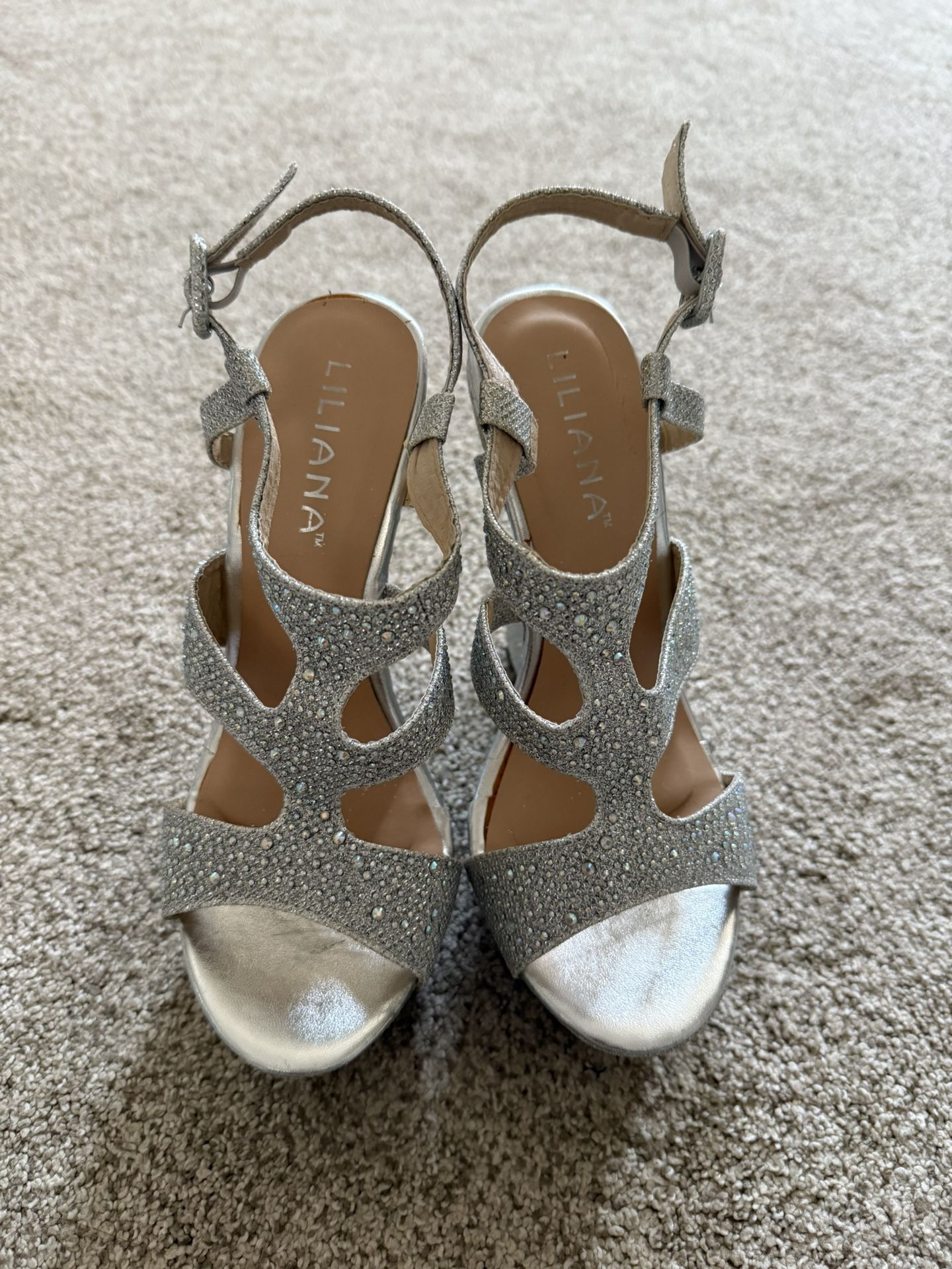 Silver Wedge Heels With Rhinestones - Size 8