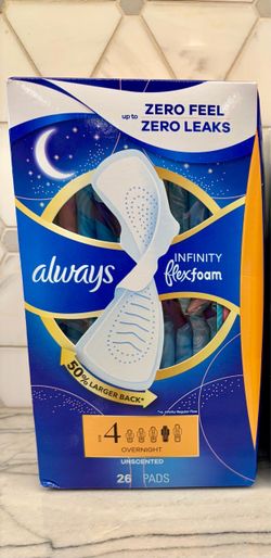 Unscented Always Infinity FlexFoam size 4 overnight pads. This unopened box contains 26 pads
