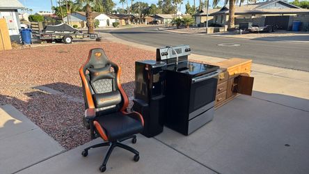 Dresser, stove, chair, water cooler
