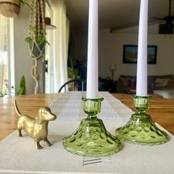 Set of 2 vintage Hazel Atlas green glass candlestick holders