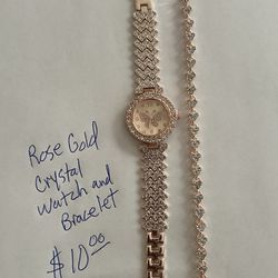 Rose Gold, & Crystal. Watch, And Bracelet Set