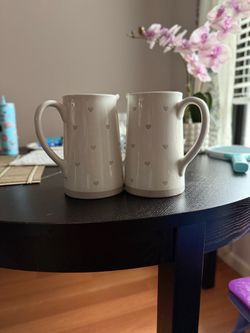 White Ceramic Mugs with Heart Pattern – Set of 2