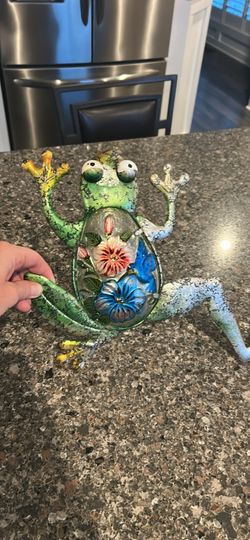 Metal Frog Figurine with Floral Design