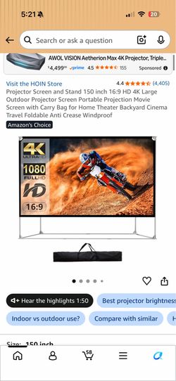 Projector Screen and Stand 150 inch 16:9 HD 4K Large Outdoor Projector Screen Portable Projection Movie Screen with Carry Bag for Home Theater Backyar