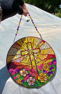 CROSS Diamond Art Sun Catcher Christian Religious Handmade with Crystal Hanger 8”