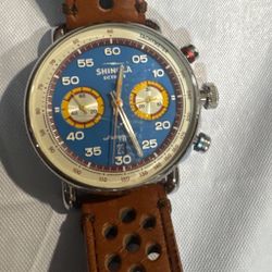 Shinola Detroit Automatic Chronograph – Blue Dial, Brown Leather Strap (Excellent Condition)