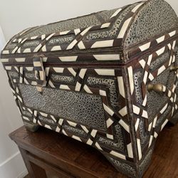 Moroccan Mudejar style bone and wood inlaid coffer.