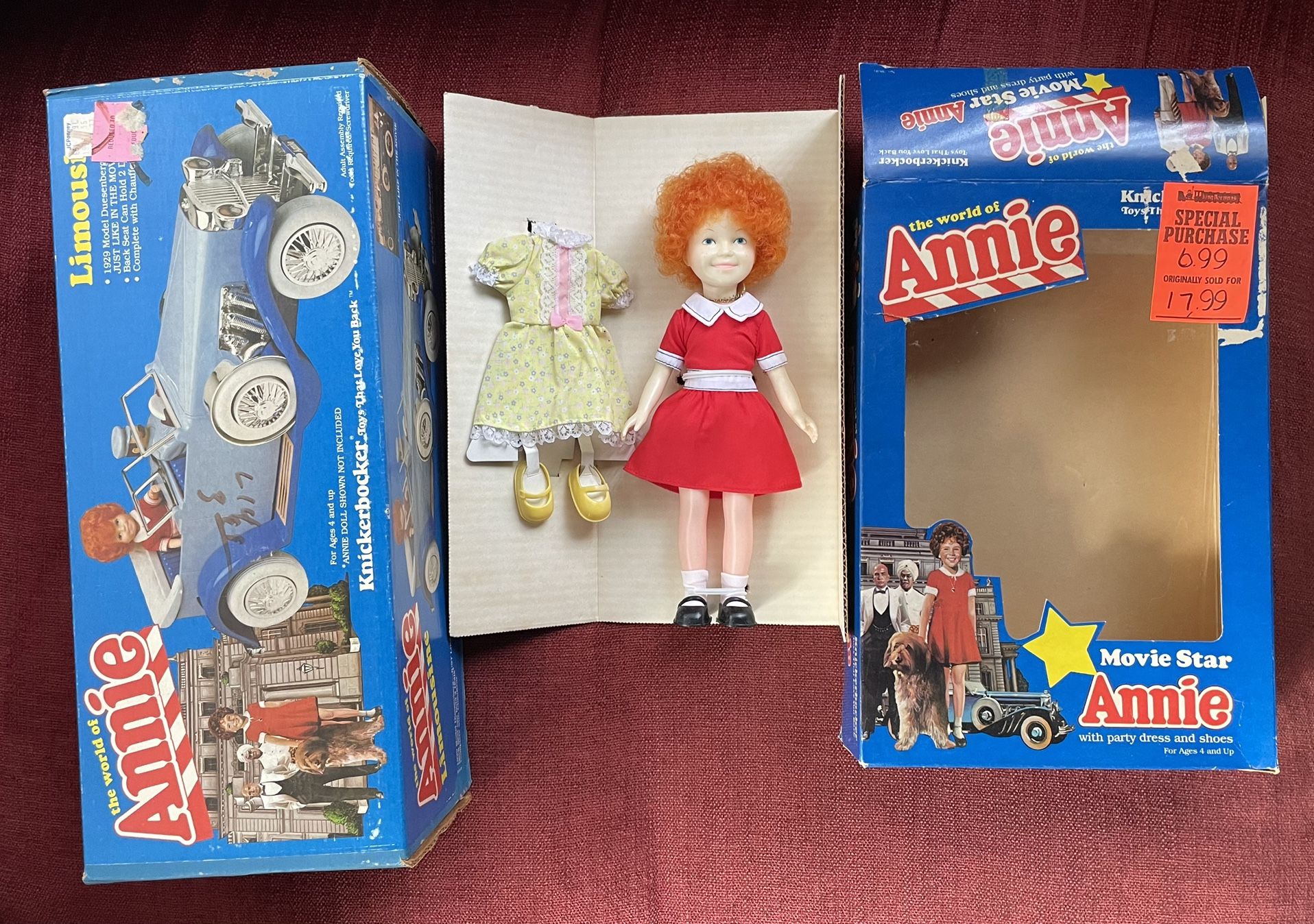 New Vintage Knickerbocker Annie Doll Set + Limousine Car