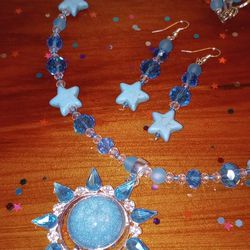 Sunburst Star Rhinestone Crystal Pendant Turquoise Sunstone Necklace Earrings 