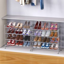 Coonoor 4 Tier Shoe Rack,Stackable and Adjustable Multi-Function Wire Grid Shoe Organizer Storage,Silver