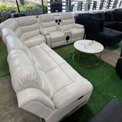White Recliner Sectional With LED And Bluetooth Speaker 