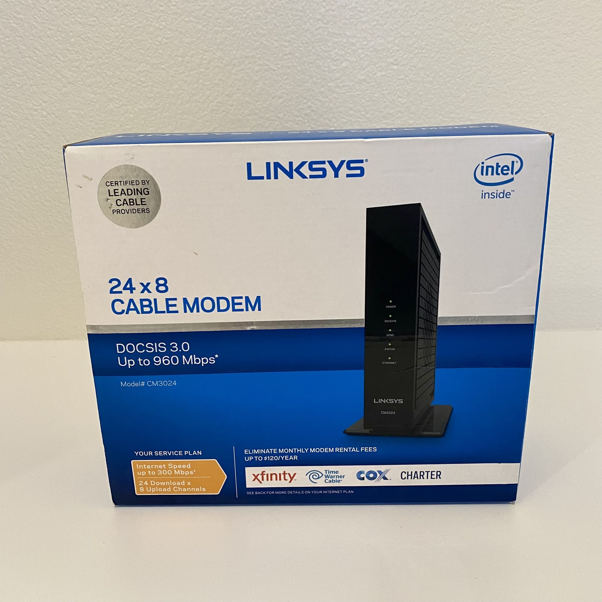 Linksys CM3024 High Speed DOCSIS 3.0 24x8 Cable Modem, Certified for Comcast/Xfinity, Time Warner, Cox & Charter (Modem Only, No Wifi Functionality)