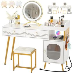 Vanity Desk with Power Outlets & Lighted Mirror(3 Color LED), 47'' Reversible Makeup Desk with Drawers & Cabinet, Vanity Table Set with Soft Stool, Dr